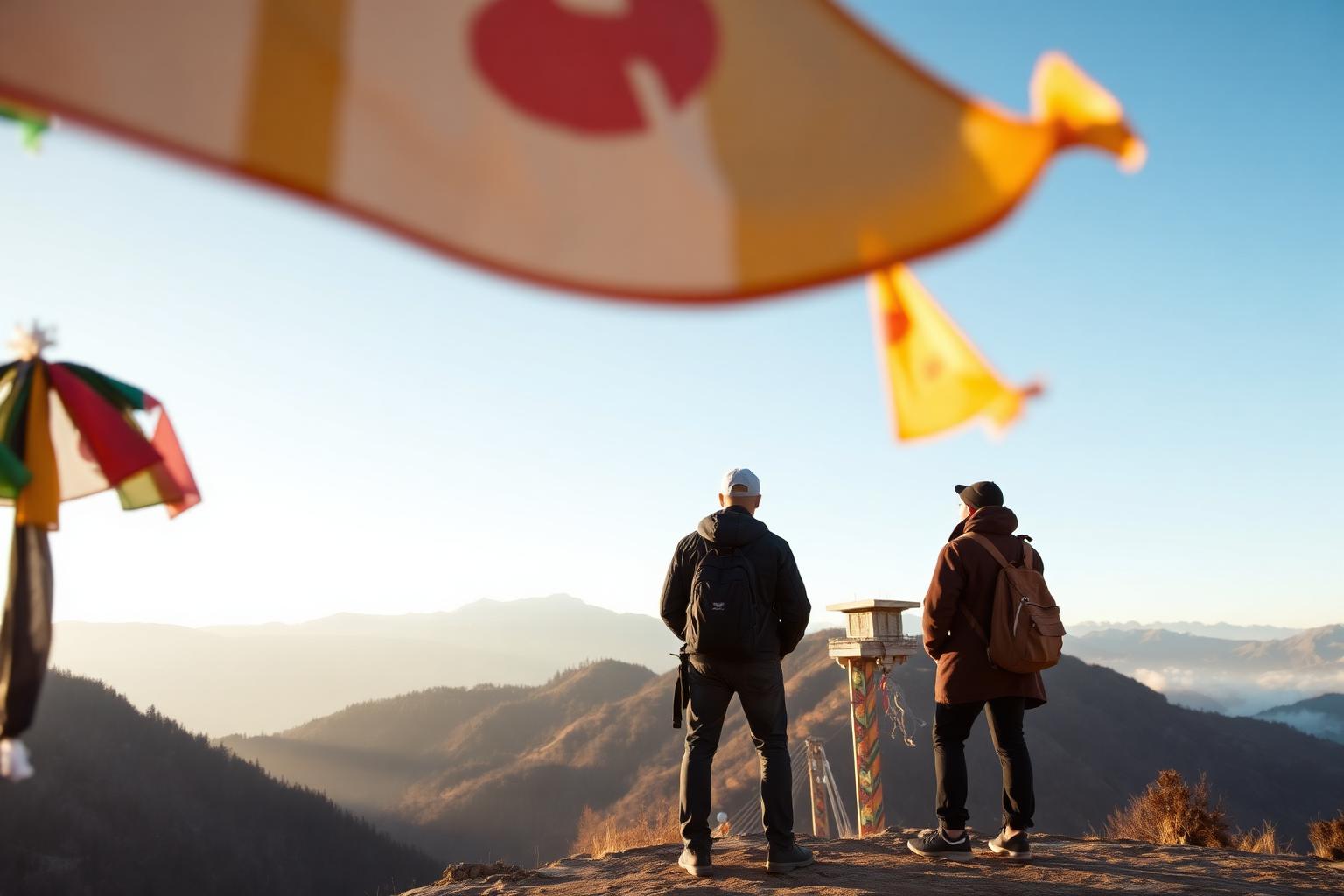 Travelers at a Bhutan mountain overlook