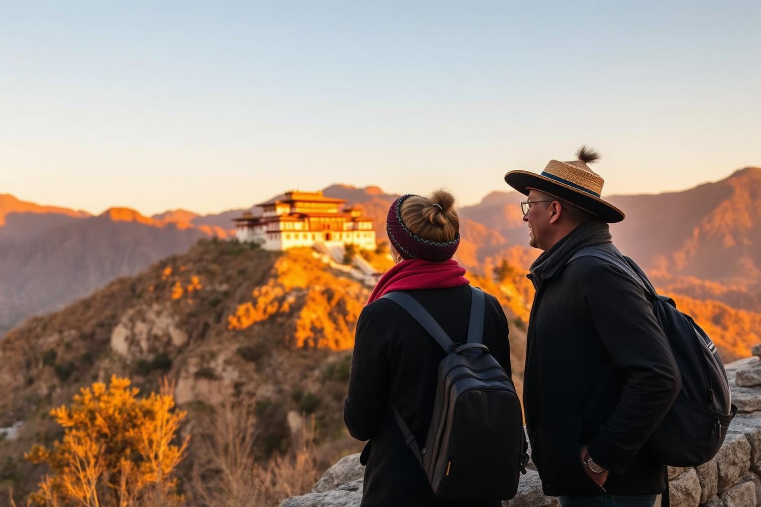 Travelers overlooking a Bhutanese dzong at golden hour