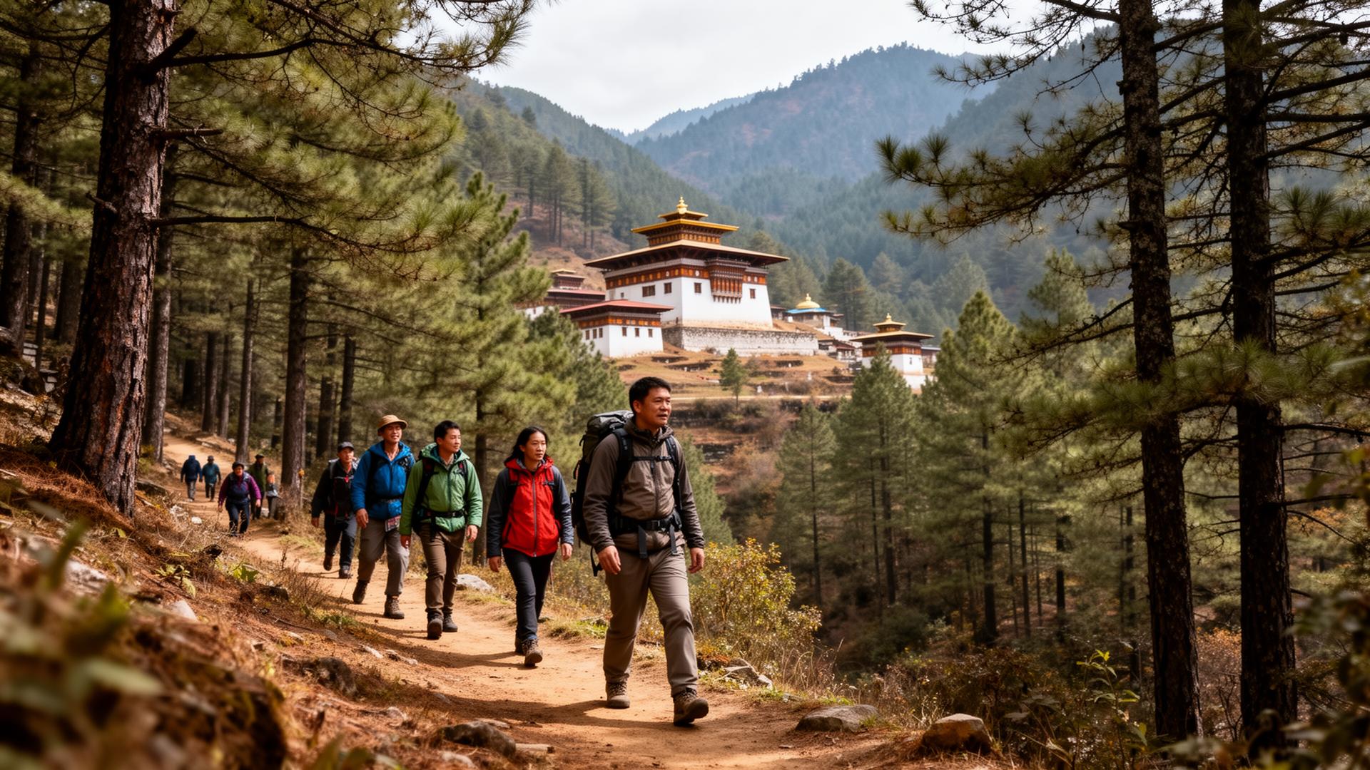 Travelers walking through a Bhutanese forest toward a monastery