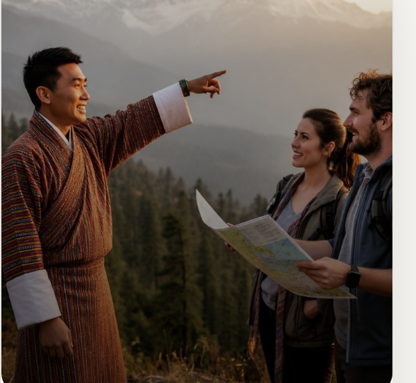 Guide pointing out a landmark on a map