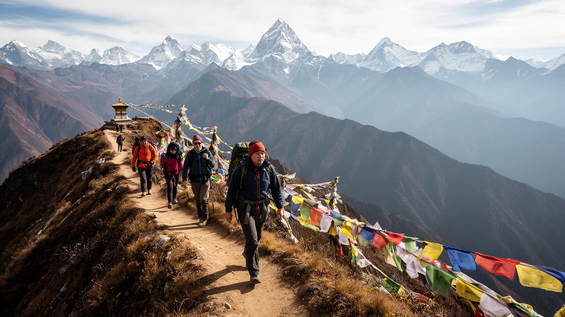 Trekkers on a Bhutan Himalayan ridge