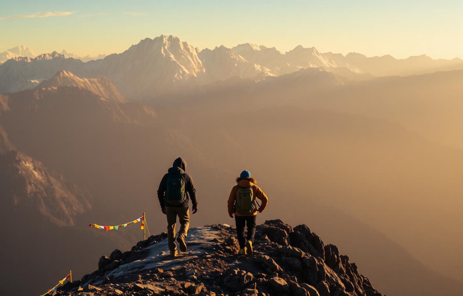 Trekkers on Himalayan ridge